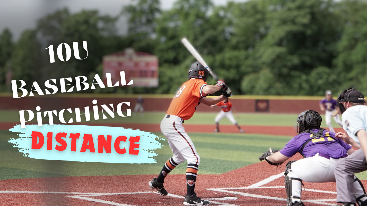 A baseball player swinging a bat in a game with 10U baseball pitching distance standards