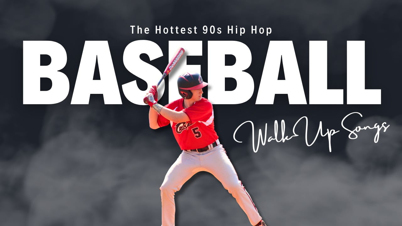 A baseball player, bat in hand, adds a 90s hip hop vibe to the game