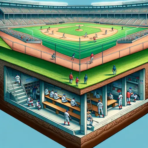 Cross-section of a baseball stadium, illustrating subterranean dugouts with emphasis on which dugout is the home team.