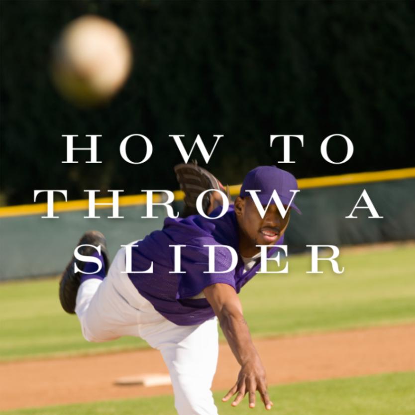 Person in a purple shirt and white pants demonstrating how to throw a slider in baseball