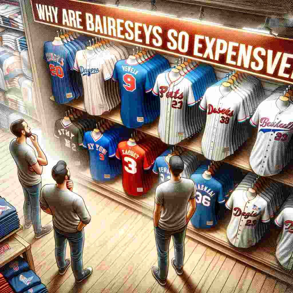 A group of people looking at a store with sports jerseys, prominently featuring baseball jerseys
