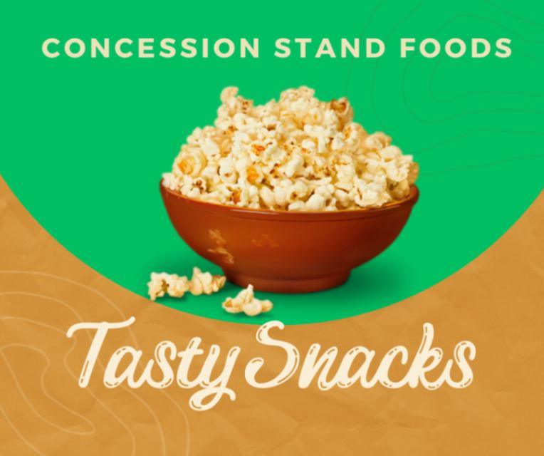 A bowl of popcorn, staple Concession Stand Food, on green-brown background